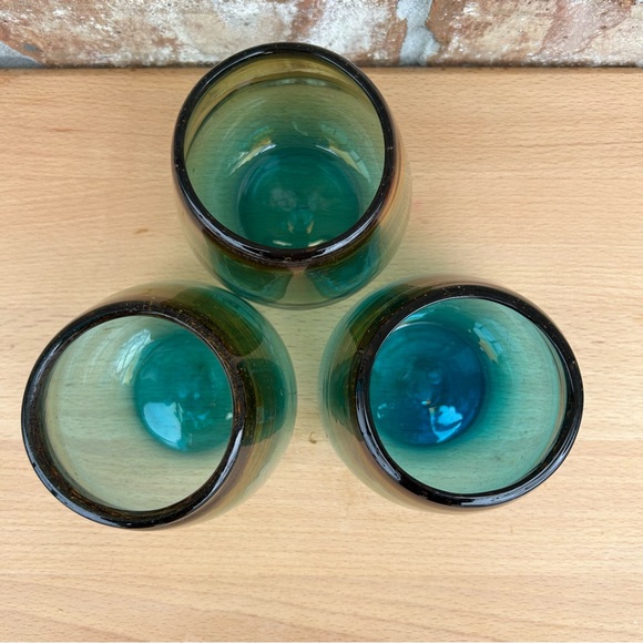 3 Stemless Hand Blown Art Recycled Glass Amber Sea Blue Thick Drinking Glasses - Picture 8 of 12